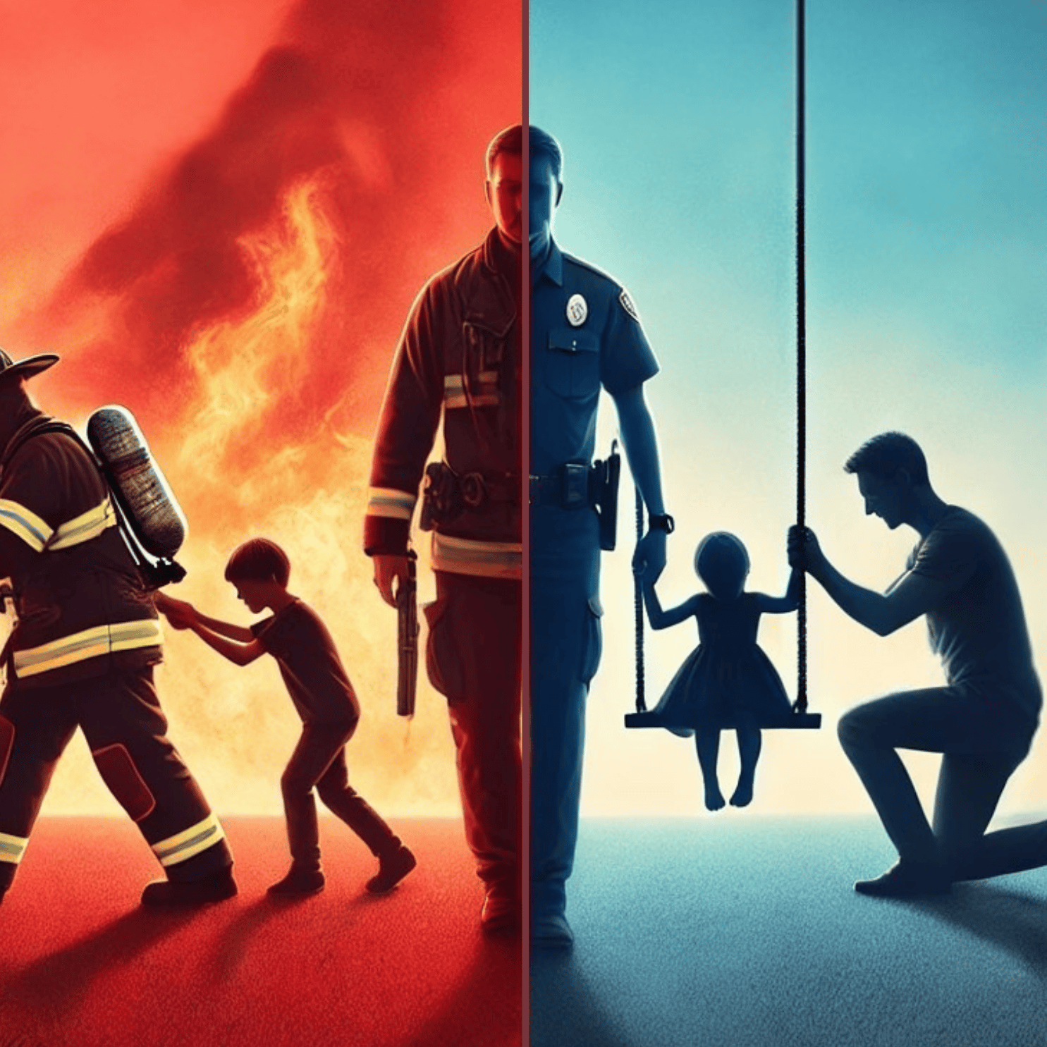 Image of firefighter rescue and police homecoming, symbolizing the gap between response and recovery.